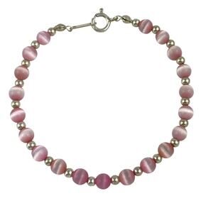Pink Cat's Eye Glass Bead Bracelet | Sterling Silver 925 | 7"
